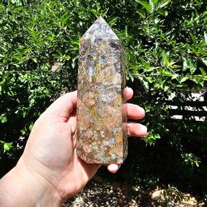Que Sera Gemstone Crystal Tower Generator Gold Crescent Moon & Star Etchings 6"